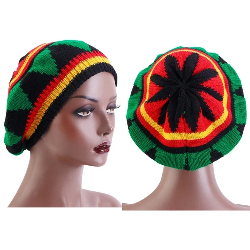 Retro Multi-colour Leaves Printed Beret Cap Jamaican Reggae Jamaican Hat Haircover Unisex Spring Autumn Knitted Skull Beanie Cap