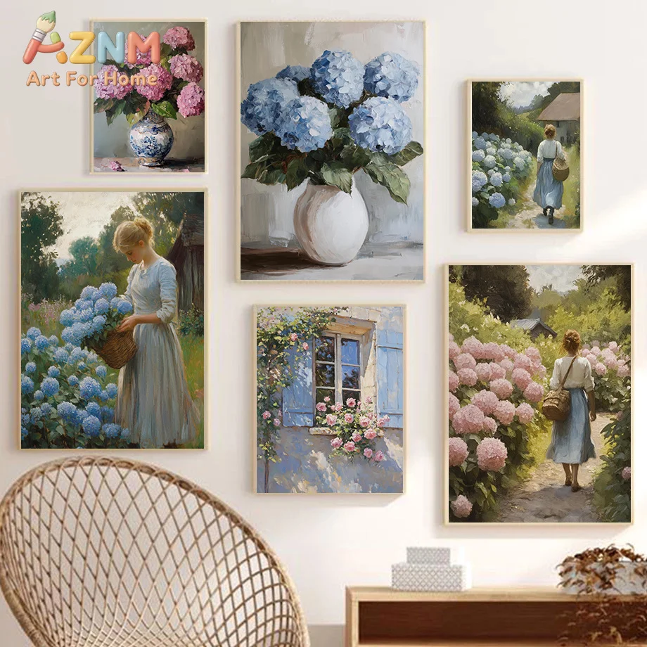 AZNM Hydrangea Flower Canvas Wall Art Oil Painting Country Garden Lady Vintage Floral Vase Picture Unframed Canvas Home Decor Pa