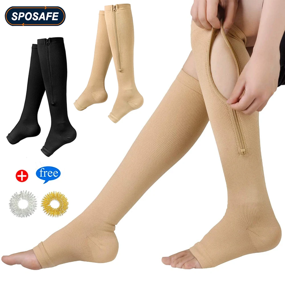 1Pair Zipper Compression Socks 15-20mmHg Guard Skin Protection & Open Toe Zippered Compression Socks for Men Women