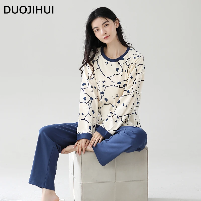 DUOJIHUI Loose Simple Soft Casual Female Pajamas Set Autumn Chic Print Pullover Basic Pant Fashion Spell Color Pajamas for Women