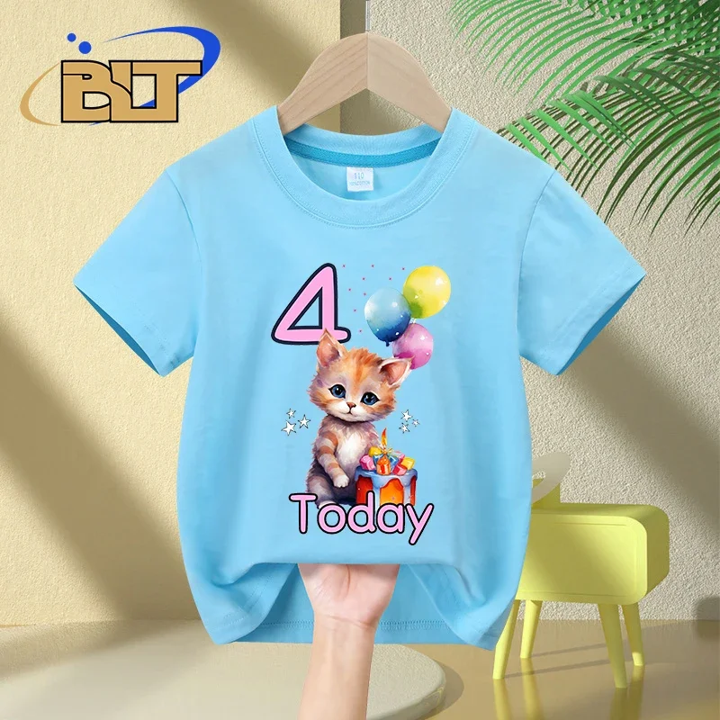 T-shirt d'anniversaire pour fille de 4 ans, imprimé chat mignon, pour enfant, en coton, à manches courtes, cadeau, nouveauté