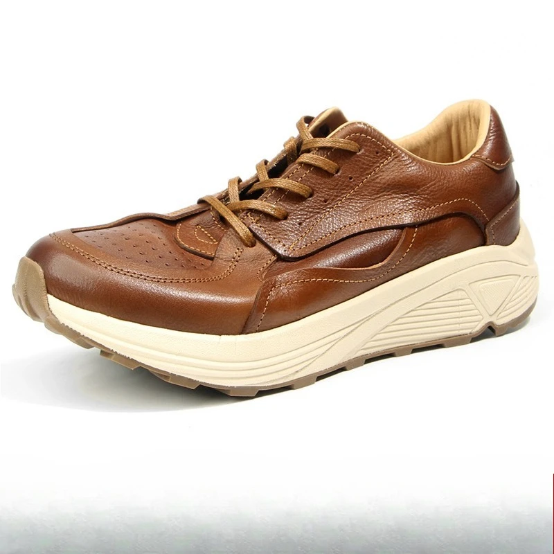 Spring Autumn Comfortable Sports Casual Shoes Men Genuine Leather Thick Sole Outdoor Hiking Lace Up Sneakers Male Wear-resistant