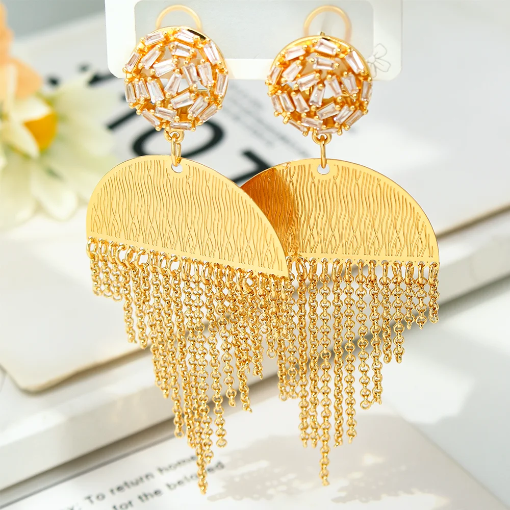 YTJX Trendy Big Semicircle Tassel Drop Earring 18 Gold Plated Baguette Cubic Zirconia Statement Earring Club Photo Shoot Jewelry