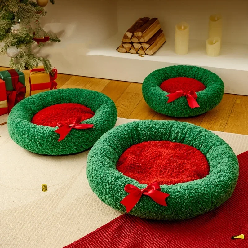 Christmas Green Cat Beds Pet Sleeping Nest Winter Warm Pet Bed Deep Sleep Christmas Atmosphere Round Nest Dog Mats Pet Supplies