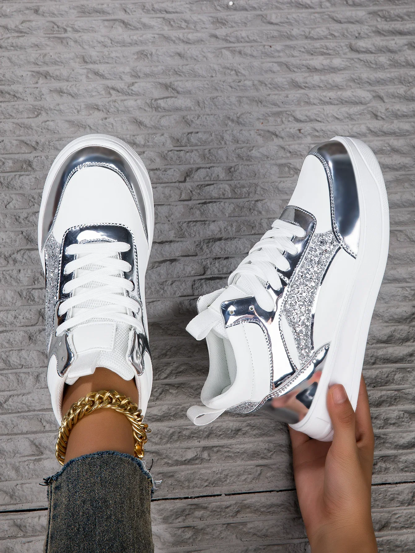 

Pop Women's Vulcanized Shoes Sports Shoes Outdoor Platform Shoes Female Casual PU Fashion Lace-Up Sneakers Women Wedge Flats