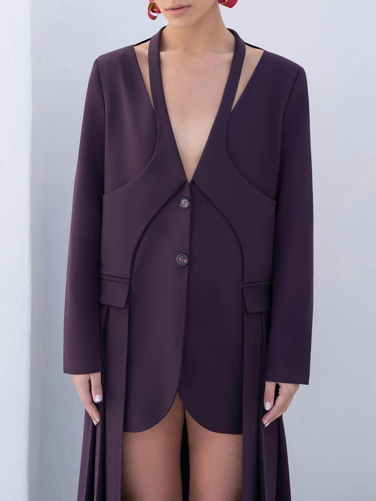 VGH Hollow Out Chic Solid Folds Blazer For Women Deep V Neck Long Sleeve Spliced Single Breasted Coats Female New Autumn 2024