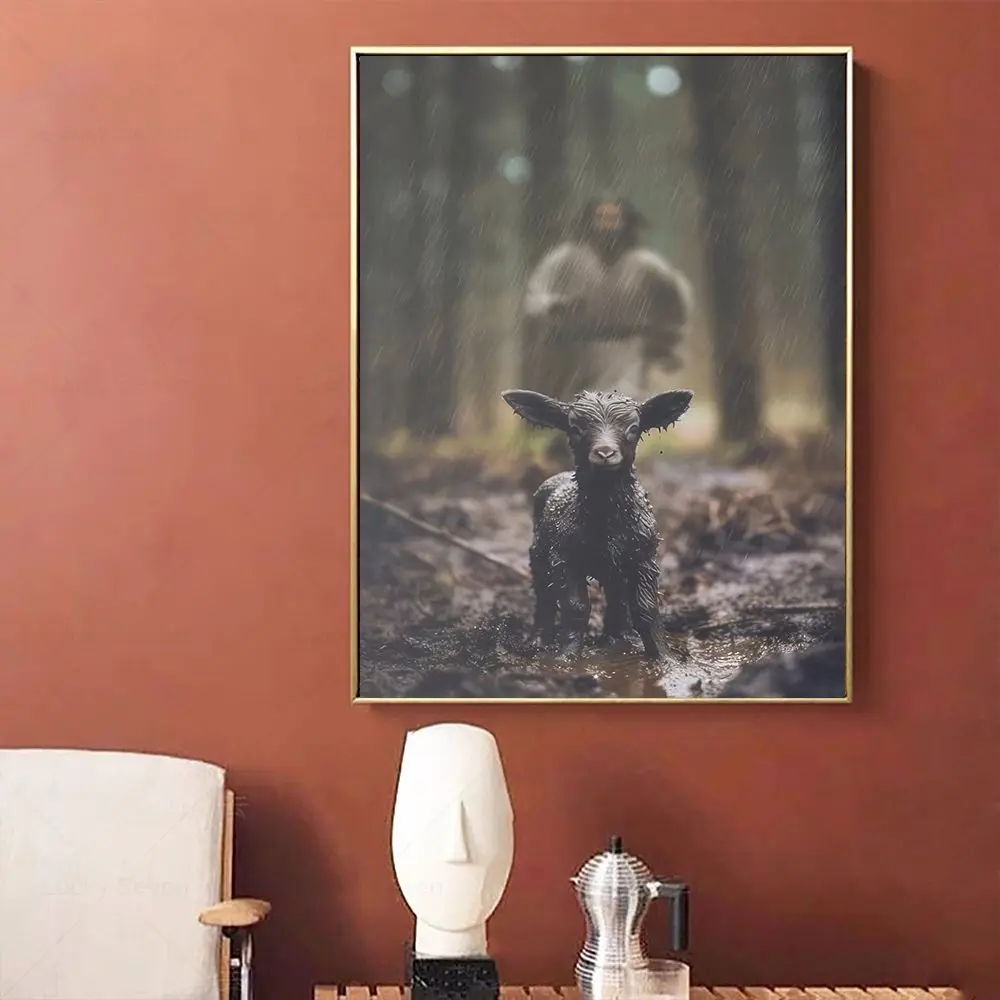 Jesus And Lamb Print Jesus Running After Lost Lamb God Posters Wall Art Canvas Painting Pictures for Living Room Interior Decor