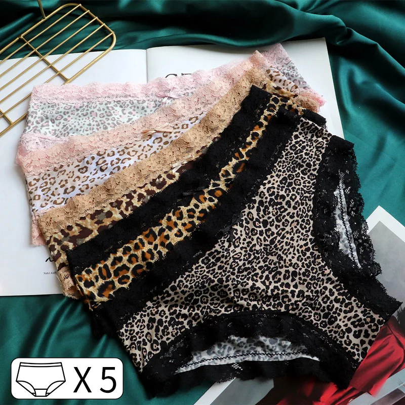 5Pcs Ice Silk Sexy Women Panties Briefs Girls Lace Leopard Underwear Seamless Thong Fitness Underpants Lingerie Intimates