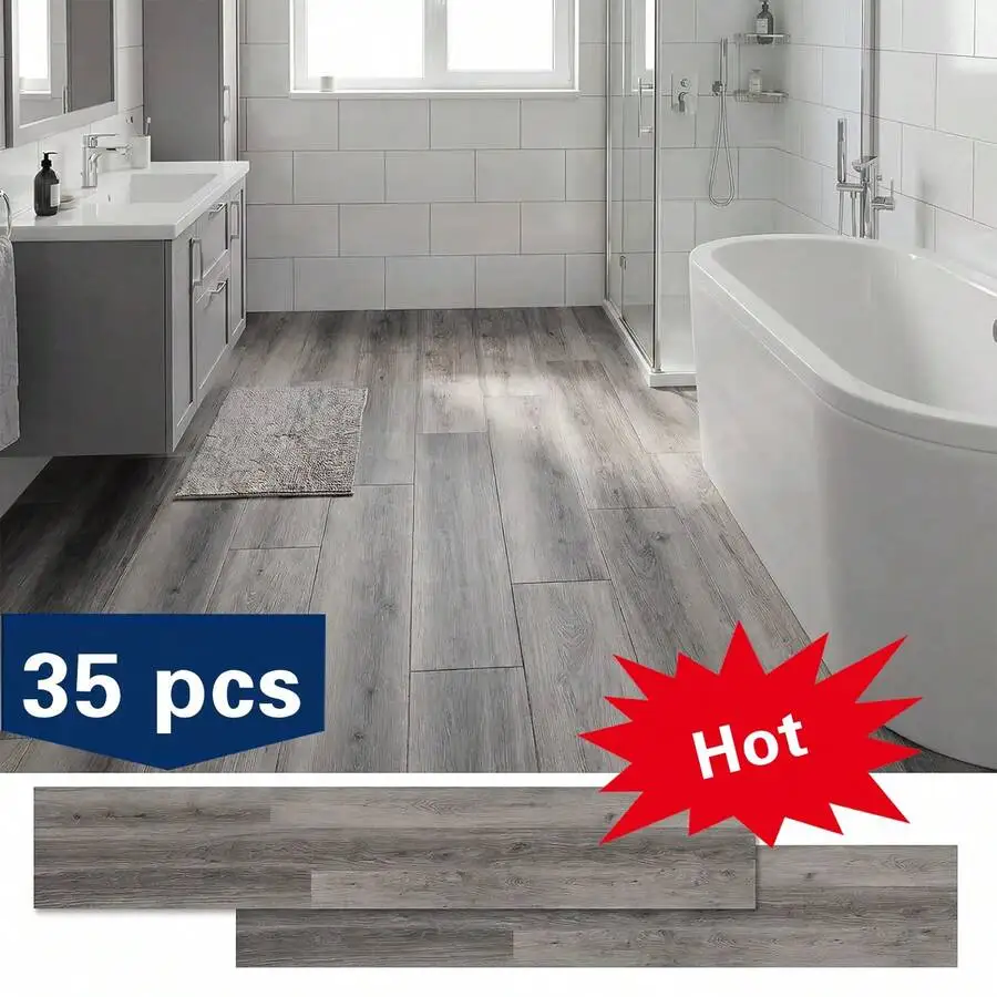 35-Pack 52 Sq.Ft Peel And Stick Floor Tiles 6' X 36' Grey Vinyl Flooring Roll, Wood Grain Textured With Waterproof, Slip-Resista