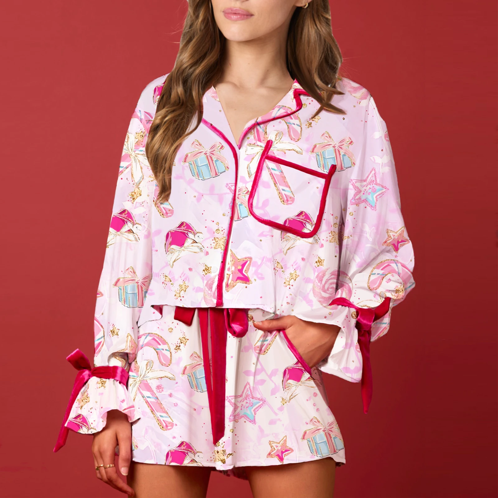 

Женские рождественские пижамы, комплект из 2 предметов с галстуком-бабочкой, домашняя одежда с длинными рукавами и бантом на пуговицах, пижамные шорты, комплекты