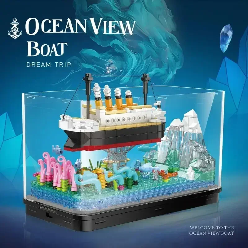 

Pirate Ship Fish Tank Building Blocks With Lights Ornaments Micro Ocean City View Boat Sailboat Set MOC Assembly Bricks Kids Toy