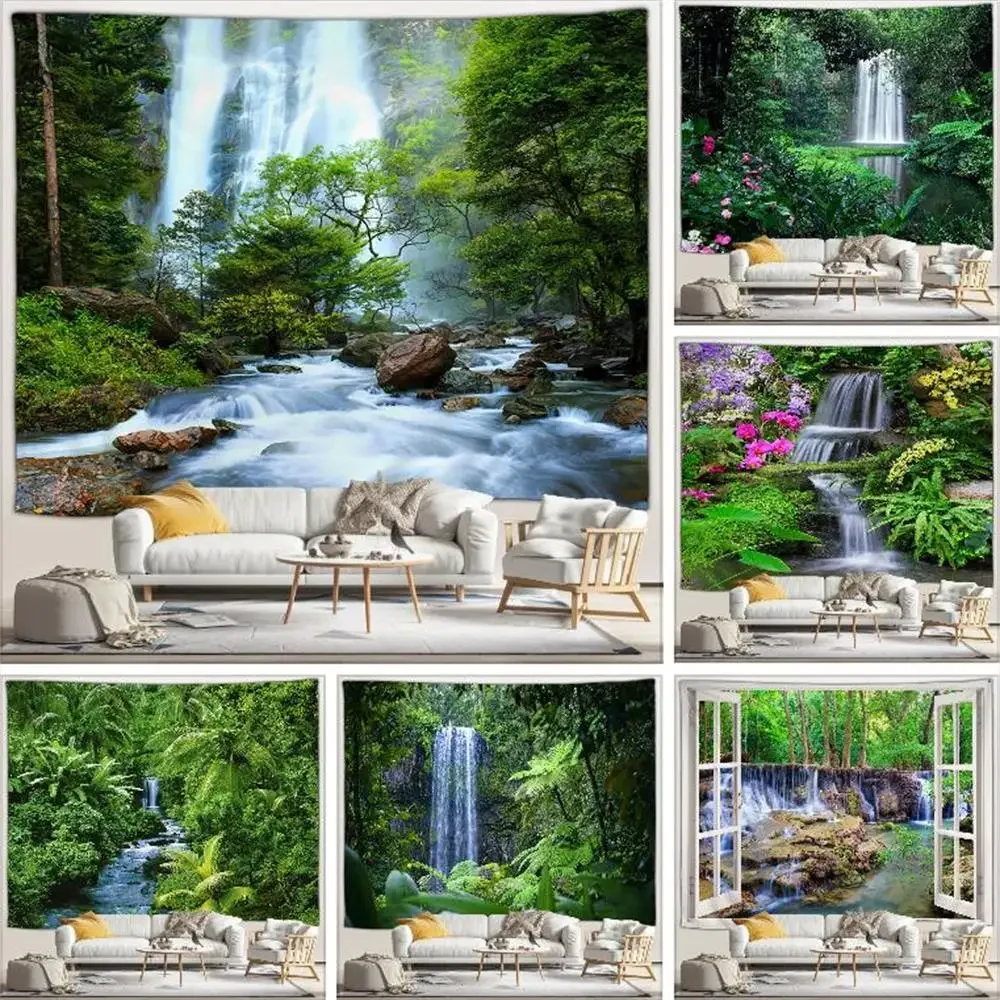 Tropical Waterfall Landscape Tapestry Zen Green Bamboo Ocean Beach Palm Trees Island Scenery Garden Wall Hanging Home Room Decor