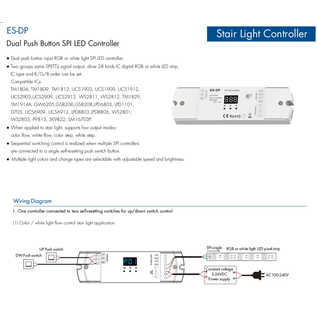 DC5V-24V Podwójny przycisk SPI Ściemniacz ES-DP Stair Light TTL Kontroler do WS2811 Ws2812 9822 RGB lub białych pasków LED