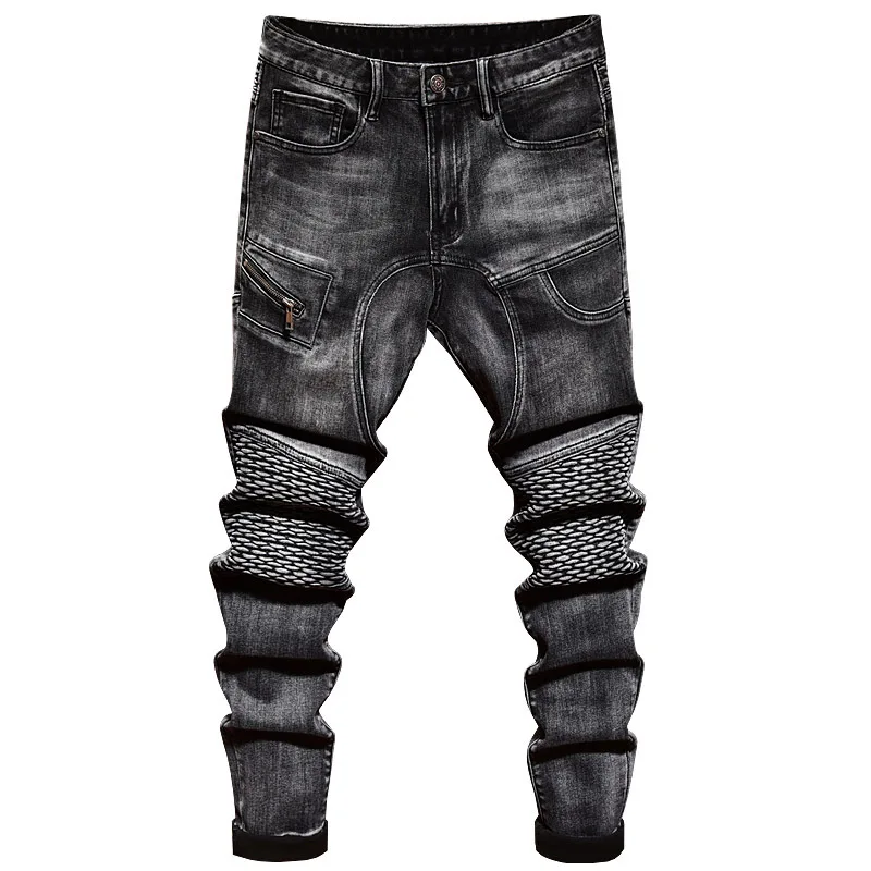 Jeans elástico preto high-end masculino, calça reta de motocicleta, lavada com água emendada, bicicleta jovem, marca de moda, solta, nova, 2022