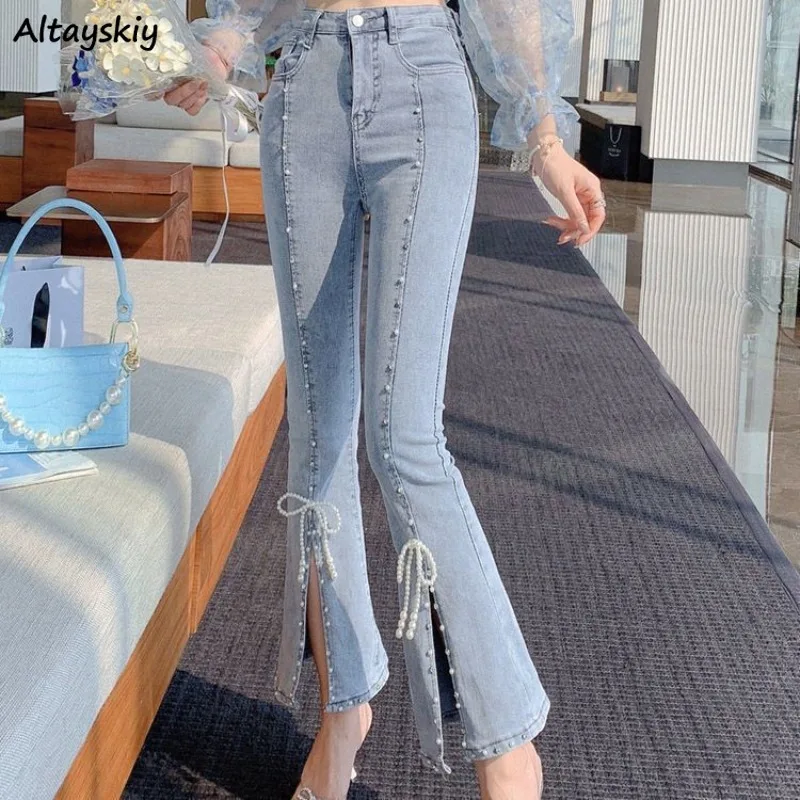 

High Waist Flare Jeans Women All-match Korean Fashion Front-slit Spring Beaded Design Streetwear Sweet Sexy Girls Casual Y2k