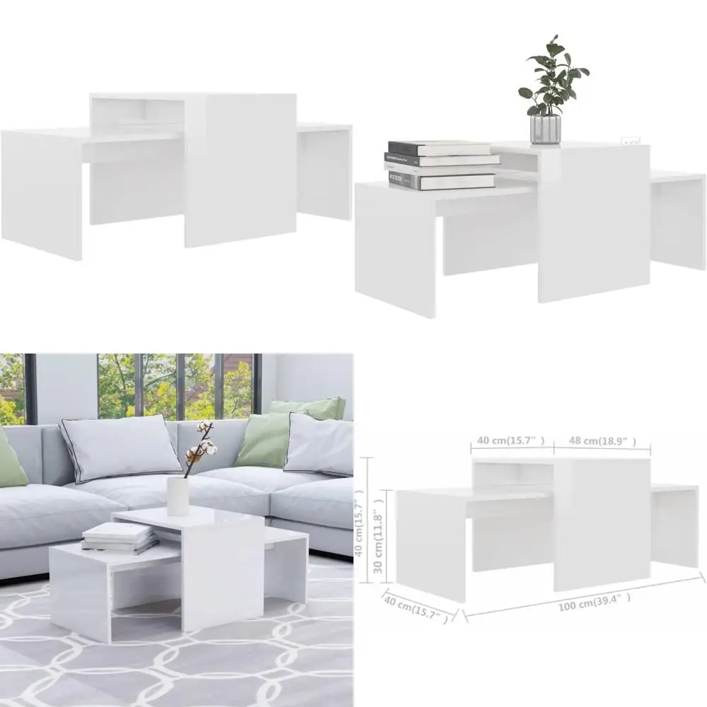 Set Meja Kopi Modern High Gloss Putih untuk Ruang Tamu dengan Meja Samping Sofa yang Dapat Disusun