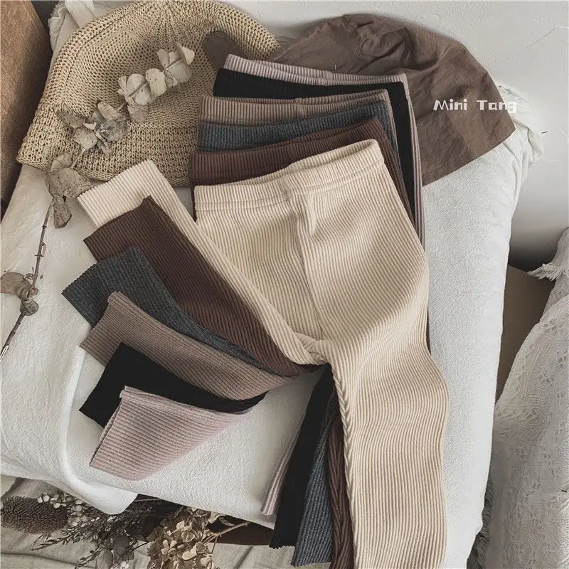 2025 Spring Autumn New 0-7 Years Girls Thermal Knit Pants Baby Kids Trendy Korean Style Soft Stretch Solid Color Long Leggings
