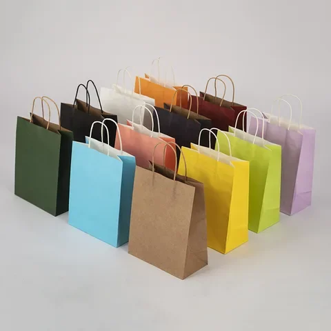 

10-20pcs Kraft Paper Bags With Handle Solid Color Gift Bags For Store Clothing, Christmas Wedding Party Supplies And Handbags