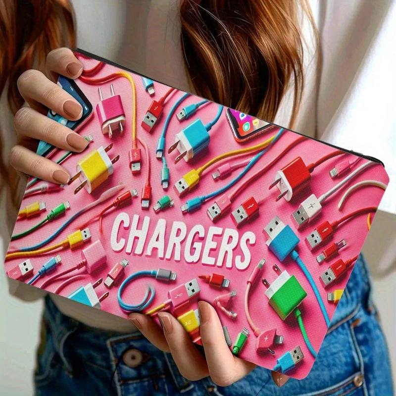 Multicolored Chargers Cables, Double-Sided Printing | Travel Toiletry Bag | Zipper Closure | Durable Fabric