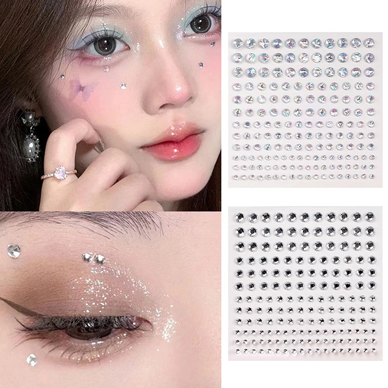 Pegatinas de cristal de diamantes de imitación para cara, calcomanías de gemas de diamante 3D brillantes, autoadhesivas con reverso plano, cejas y sombra de ojos, 1/2 hojas