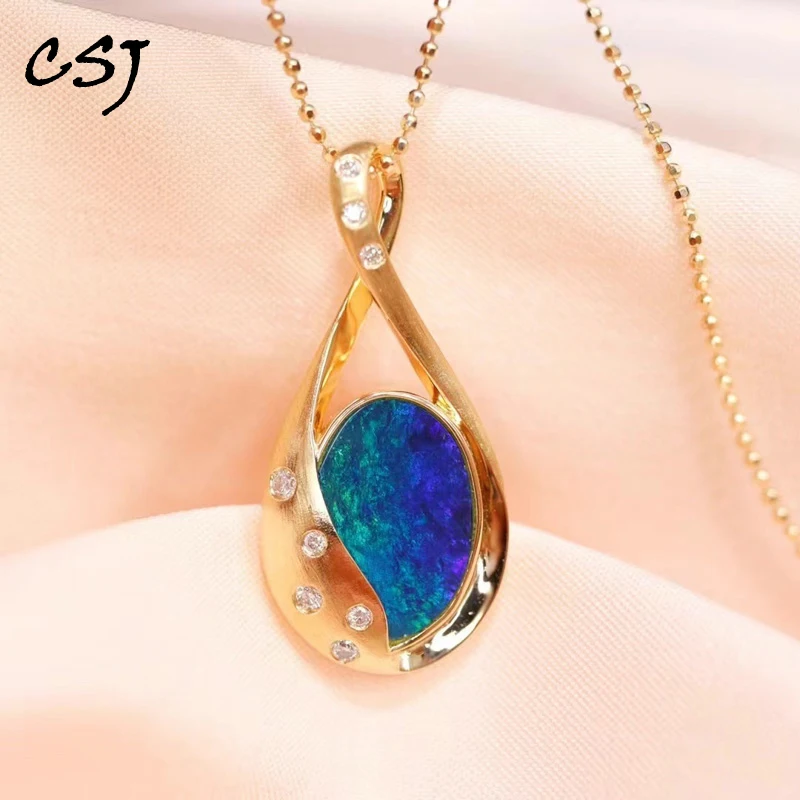 

VANTJ Natural Australia Opal Pendants Sterling 10K Gold Diamond 0.09ct Gemstone for Women Party Birthday Trendy Jewelry Gift