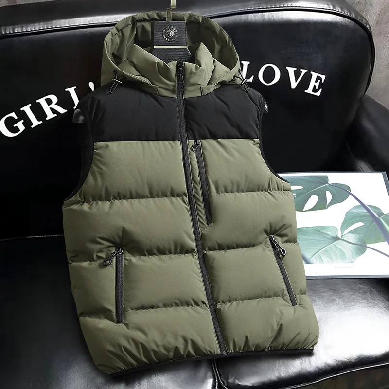 

Зимний мужской пуховый жилет контрастного цвета, морозостойкий, ветрозащитный, без рукавов, на молнии, мужское пальто, теплый карман, съемный мужской жилет с капюшоном