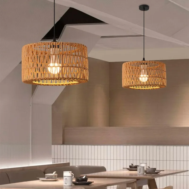 Retro Wicker Basket Pendant Lamp Boho Rattan Pendant Light Fixture Vintage Farmhouse E27 Hand Woven Hemp Rope Hanging Chandelier