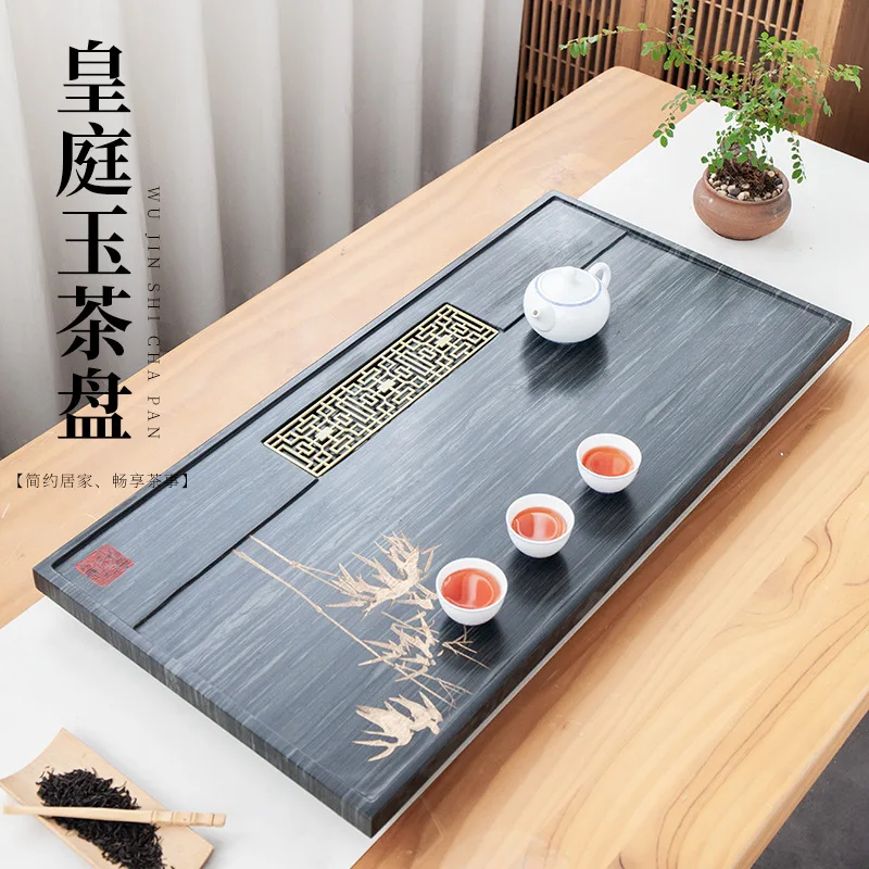 Natural Green Huangtingyu Stone Tea Tray Home Office Decoration with Drainage Pipe Chinese Style Whole Piece Stone Home Gift