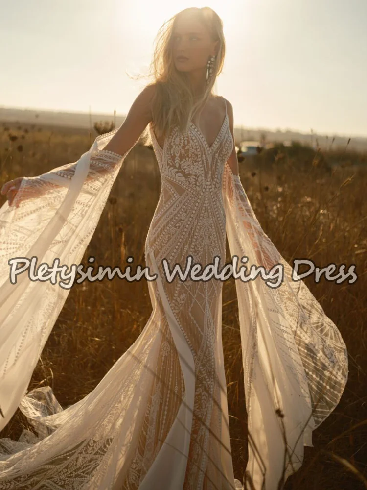 Boho cintas de espaguete vestidos de casamento v profundo sheer renda sereia vestidos de noiva batwing mangas largas vestido de novia personalizado