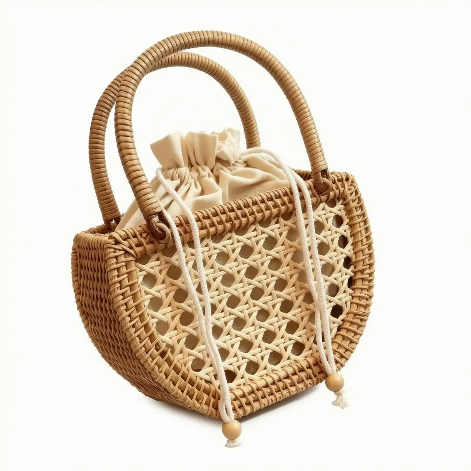 Textured Woven Rattan Handbag for Women Beige White Straw Purse with Wooden Beads Drawstring Closure Lightweight