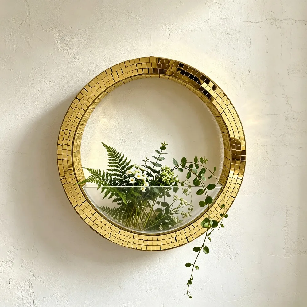 Mosaic Mirror Frame Circular Wall Hanging Planter Acrylic Water Storages Wall Vases Sunshine Catcher Wall Decor for Bedroom Room