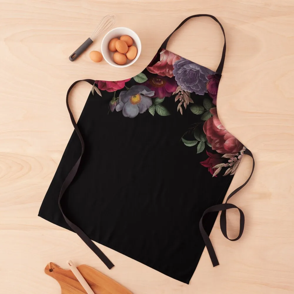 

Antique Botanical Night Watercolor Roses on Black Botanical Night Garden Nightgarden Apron painting Men kitchen Apron