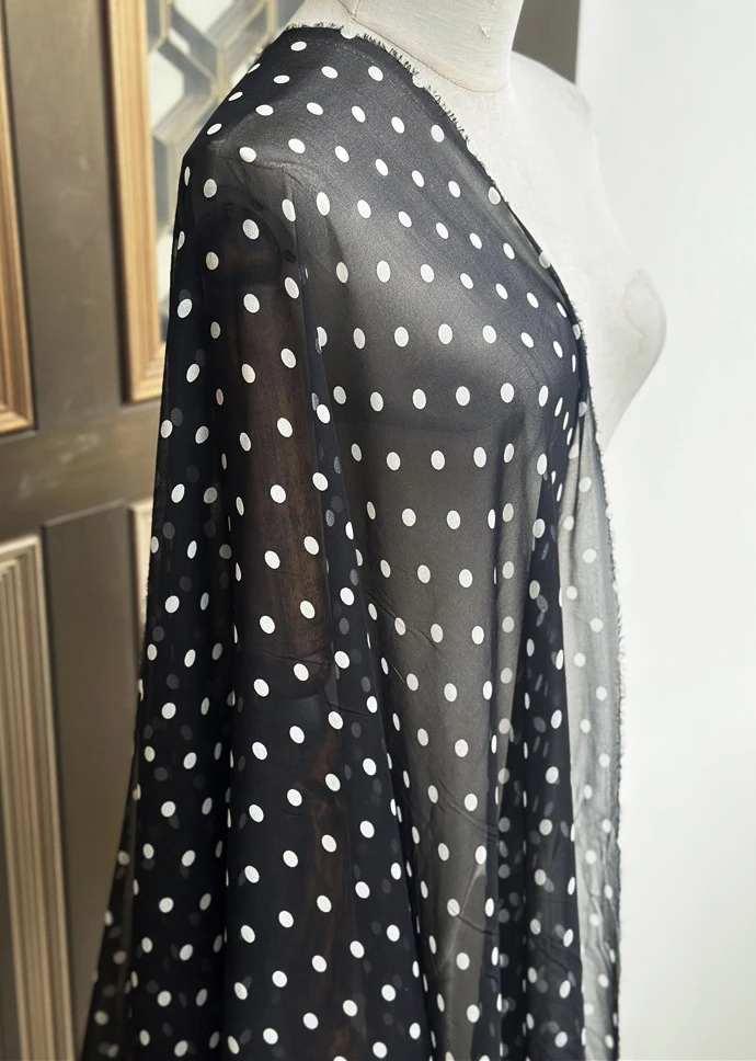 1 meter X 1.4 meter Black White Polka Dots Silk Georgette Chiffon Fabric