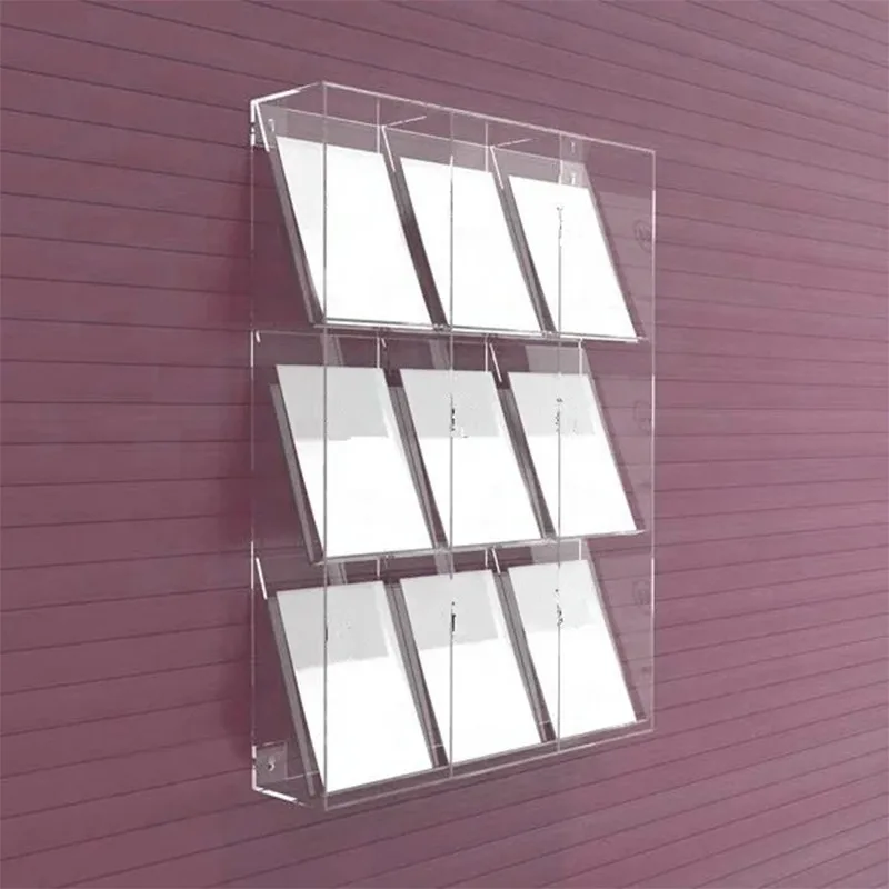9 Pocket Acrylic Brochure Holder Wall Mount Large Acrylic Magazine Rack Display Cabinet 9-Pocket Magazine Literature Rack