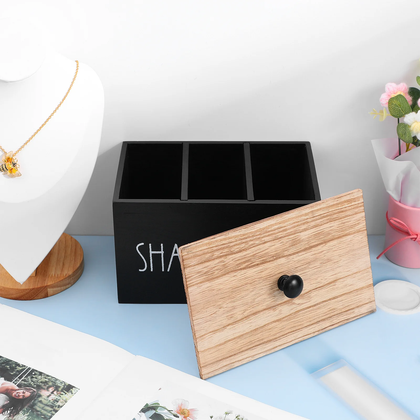 

Tampon Holder Box Wooden Storage Organizer Removable Dividers Privacy Lid Bathroom Cotton Pads Makeup Storage Case