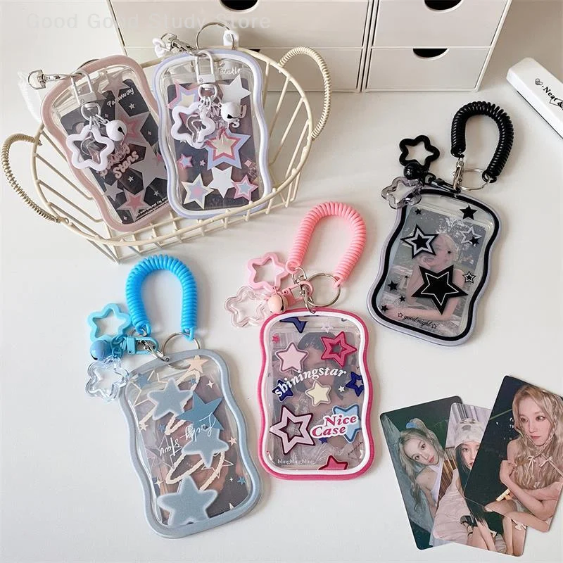 Sweet Star Photocard Holder Idol Photo Storage Display Card Holder With Spring Rope Bell Pendant ID Card Protective Case Keyring