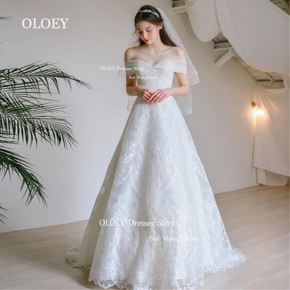 

OLOEY Exquisite Off Shoulder Lace Wedding Dresses Sweep Train A Line Bridal Gowns Button Zip Back Robe De Mariée Custom Made