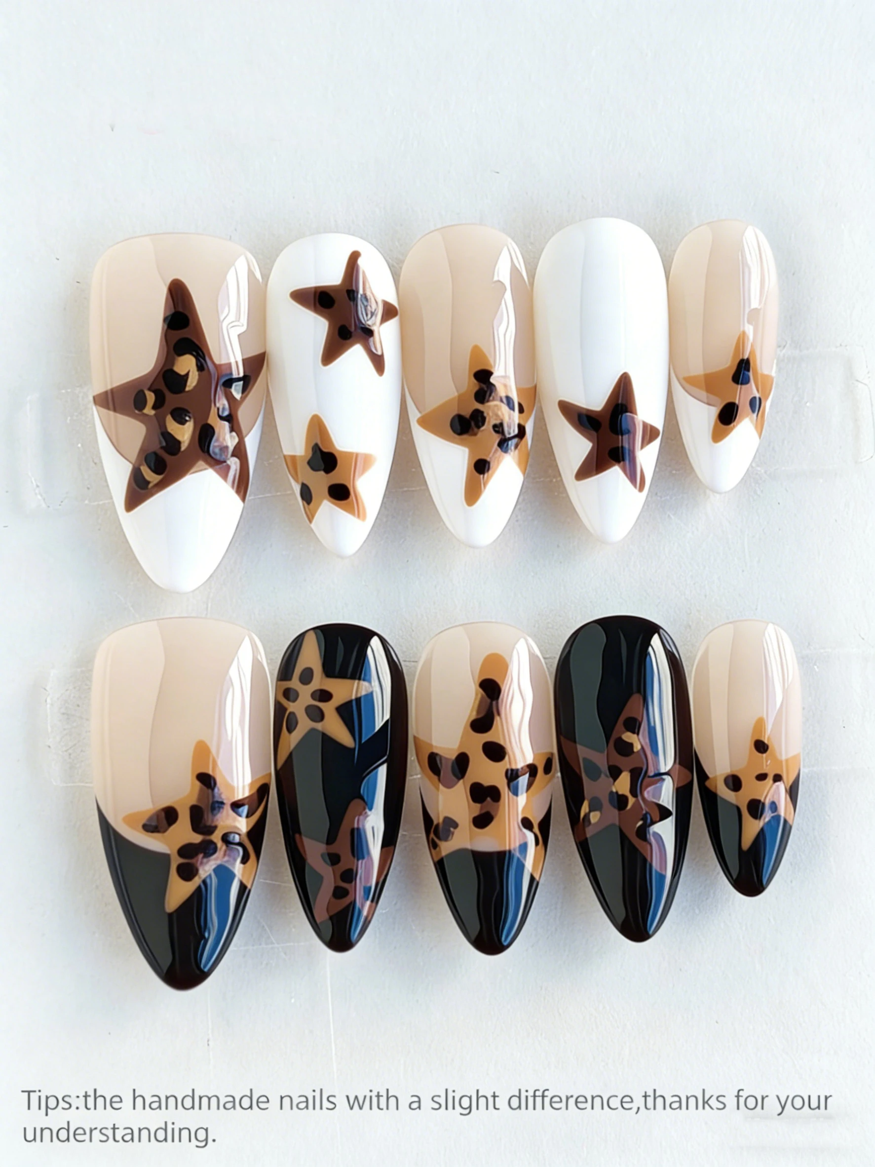 

10pcs Y2k Leopard Brown Star Long Almond Handmade Press-On Nails,Fake Nails,Suitable For Women's Parties Daily Casual Wear