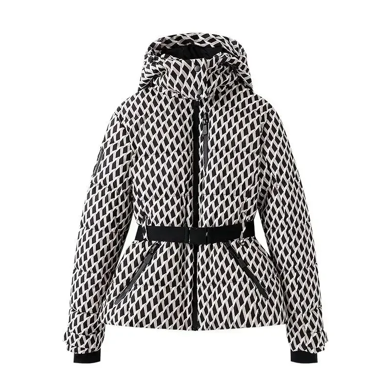 Women Winter Hooded Parka Coat High Waist Jacket With Belt Elegant Thick Warm Windproof Pockets Outdoor Skiing Sport Outerwear