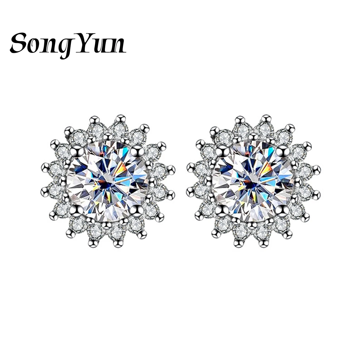 

SongYun Luxury Jewelry 925 Sterling Silver Stud Earrings Moissanite Gemstones Earrings Ear Pin Wedding for Women Rhodium Plated