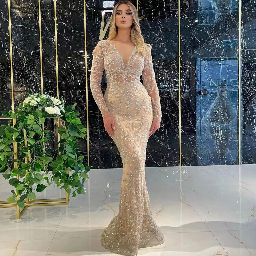 Champagne Mermaid Evening Dresses V Neck Long Sleeves Sequins Beaded 3D Lace Hollow Sexy Appliques Prom Dresses Custom Made