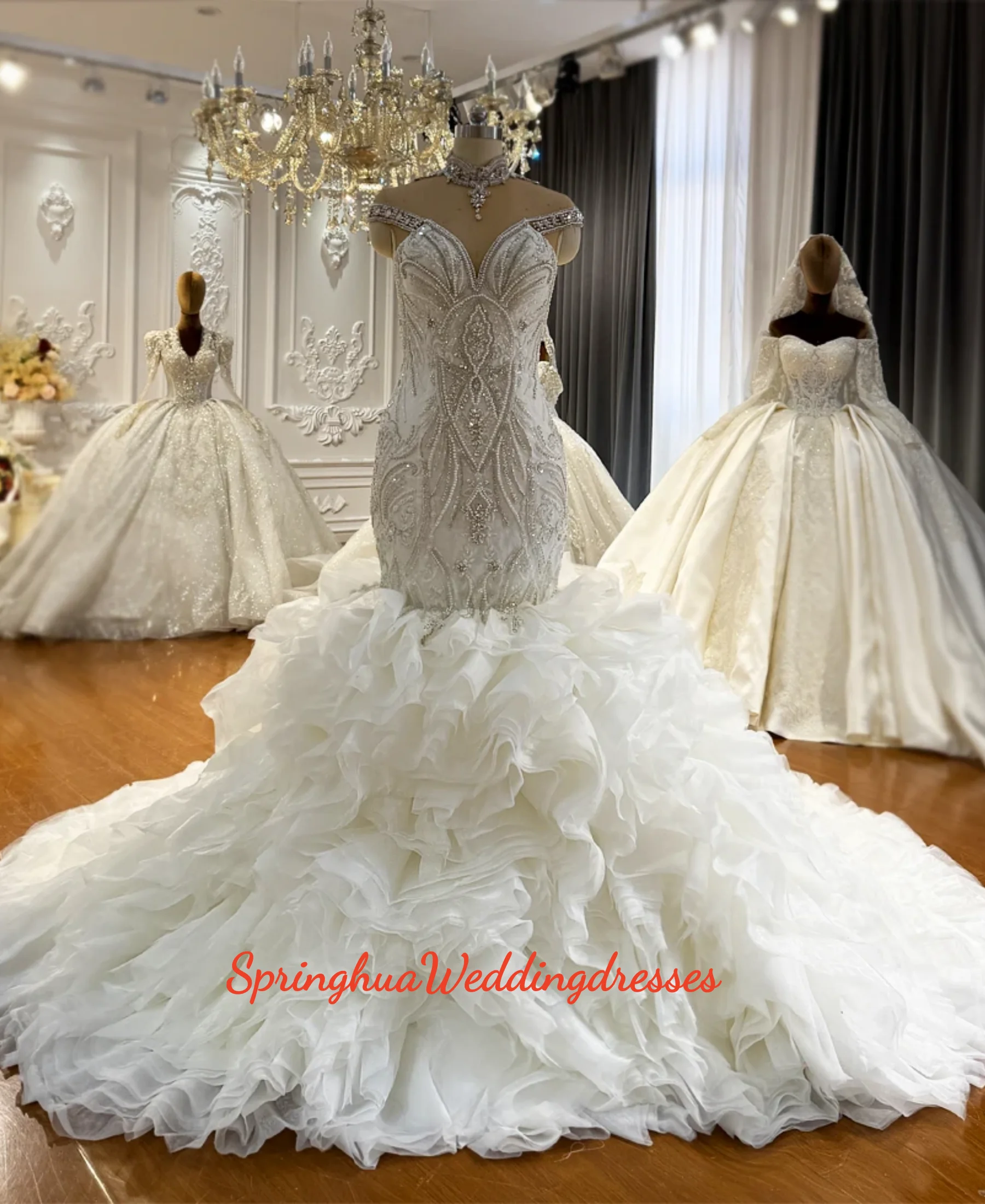 

Customized South Africa Luxury Mermaid Wedding Dress with Ruffle Lace Appliques Crystals Beadings Bridal Gowns vestidos de novia