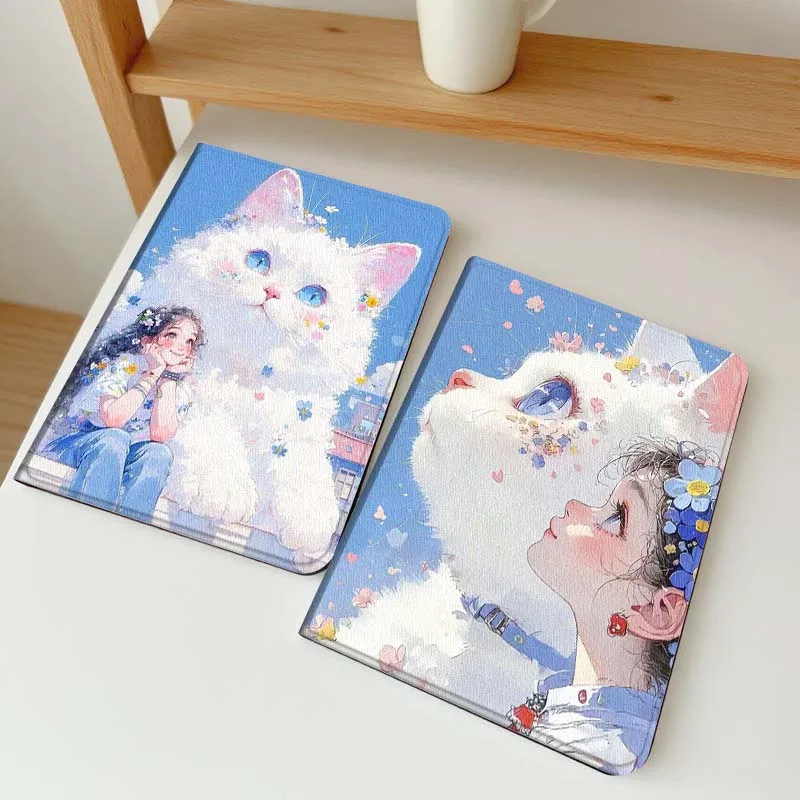 

Cute Girl White Cat For Samsung Galaxy Tab A7 A A8 A9 A11 S6 S11 10.1 10.4 10.5 Inch Lite PLus Soft Tablet Case Gift
