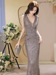 Silver Gray Cocktail Dresses Shiny V-neck Tassel Beading Mermaid Floor Length Anniversary Meeting Celebrity Host Evening Gowns