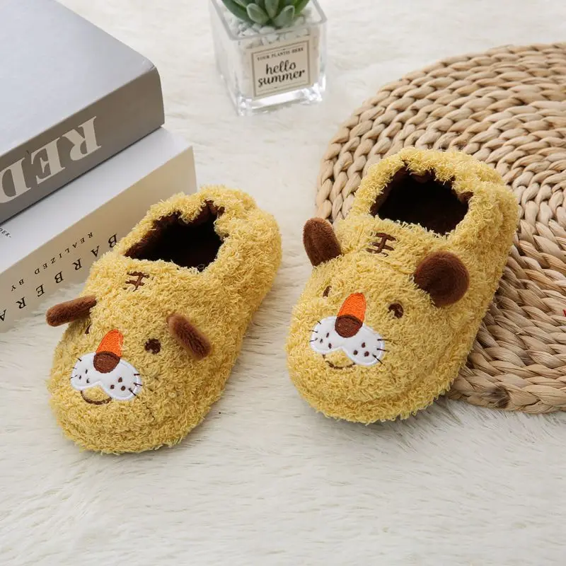 Toddler Boy Slippers for Winter Baby Loafers Plush Warm Cartoon Tiger Rubber Sole Children Home Shoes Kids House Indoor Footwear