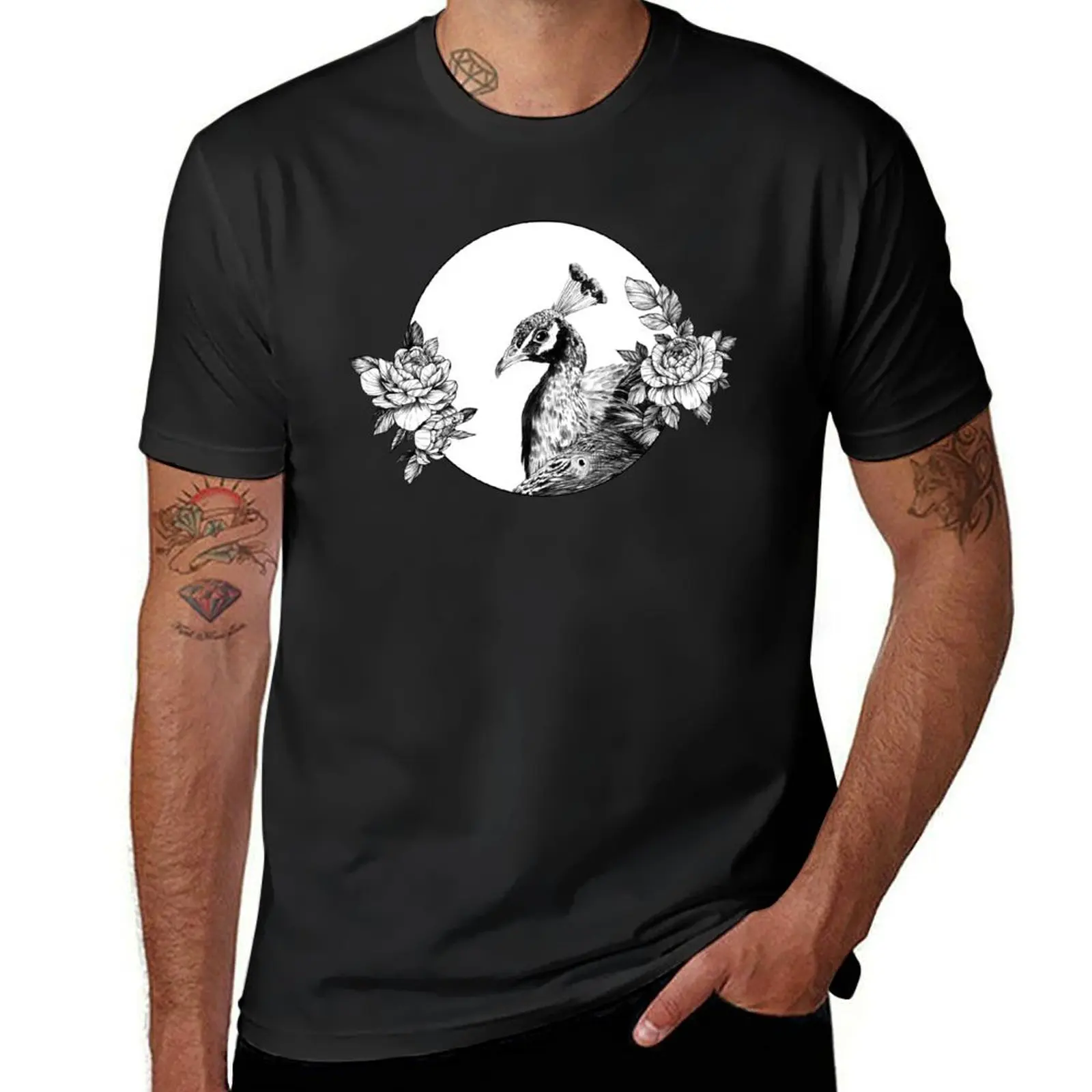 Cute Peacock and Beautiful Peonies T-Shirt funnys Blouse tops sports fans clothes for men