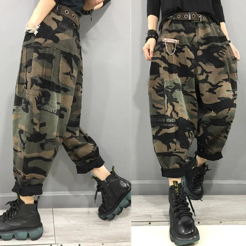 2026 Arrival Spring Autumn Women High Waist Ankle-length Loose Vintage Jeans camouflage Cotton Denim Harem Pants XJ483