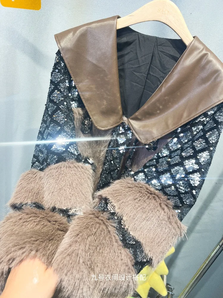 2025 European Style Autumn Winter New Faux Fur Coat for Women with Sequin Patchwork PU Leather Winter Coat Women Fluffy Jacket