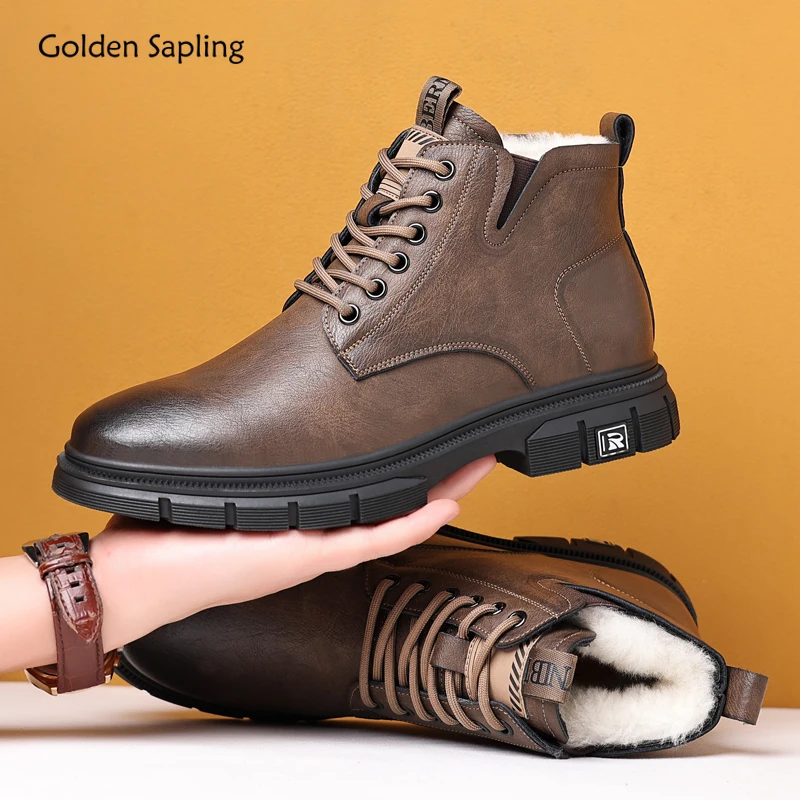 

Golden Sapling Men Winter Faux Wool Boots Male Fashion Genuine Leather Short Boot Outdoor Leisure Botas Business Warm Shoes Man