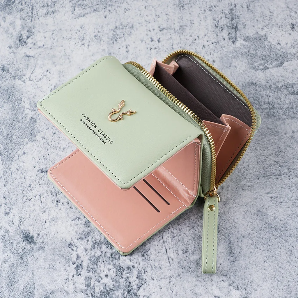 Women's Mini Wallet Handheld Leather Coin Purse Two-In-One Zipper Three-Fold Card Holder Integrated Storage Bag Fresh Sweet S...